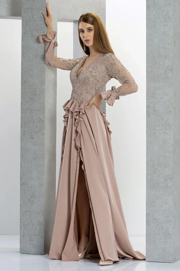sleeves-Evening-gown-V-neck-ruffle-satin-slits-stav-western-fashion-dseigner-india-Eli-bitton-Peach-15515-2.webp