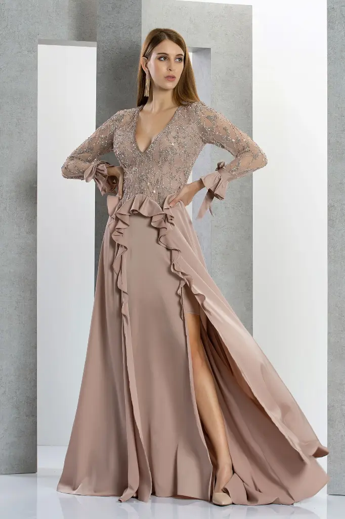 sleeves-Evening-gown-V-neck-ruffle-satin-slits-stav-western-fashion-dseigner-india-Eli-bitton-Peach-15515-1.webp