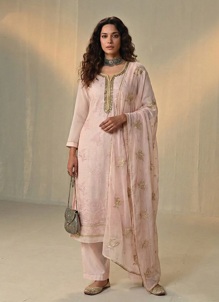 Baby Peach Sequins Embroidery Pakistani Style Pant Suit