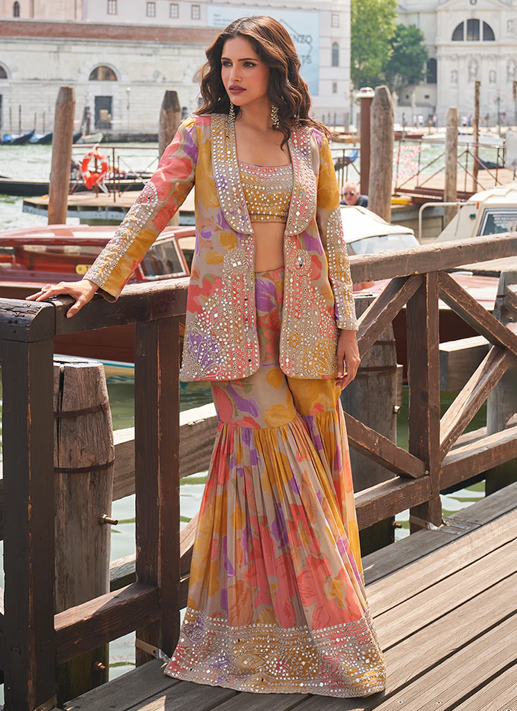 Beige Multicolored Mirror Work Indo Western Gharara