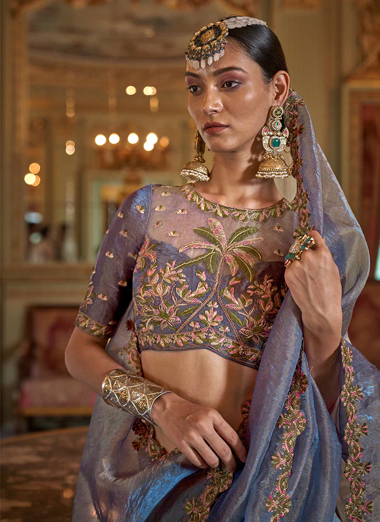 Blue Traditional Embroidery Tissue Saree