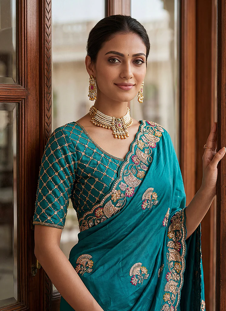 Teal Traditional Embroidered Chiffon Silk Saree