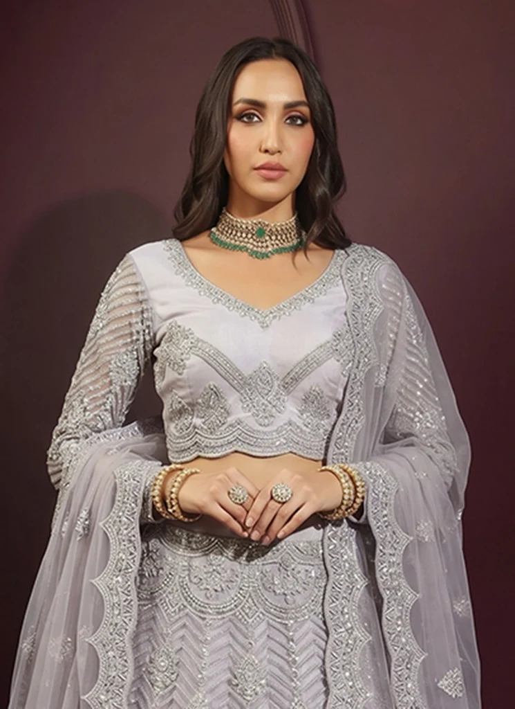 Blue Net Embroidered Wedding Lehenga Choli