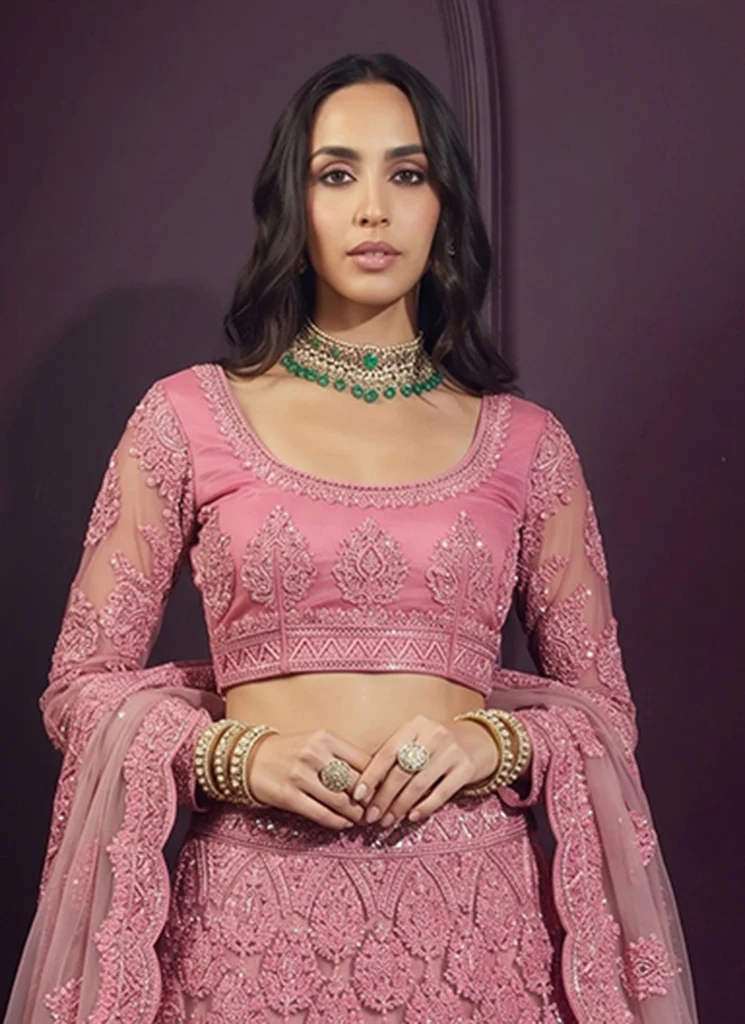Rose Pink Net Embroidered Wedding Lehenga Choli