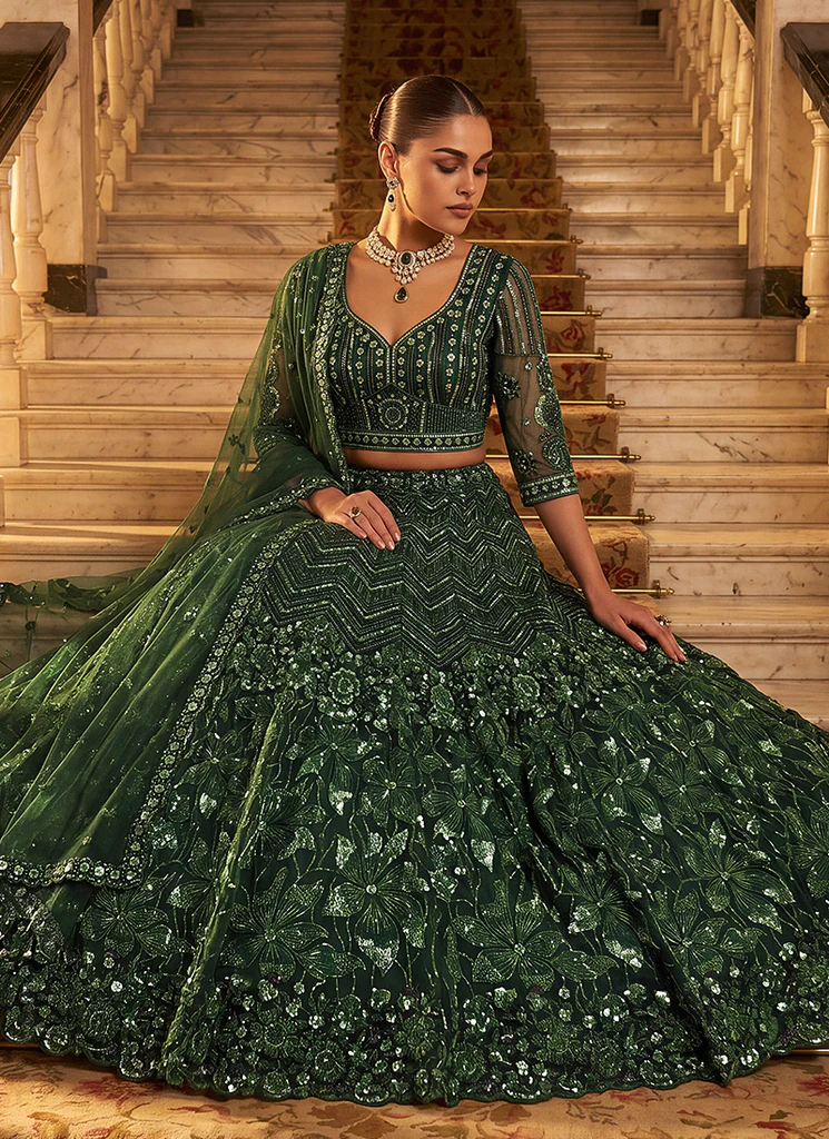 Bottle Green Embroidered Wedding Lehenga Choli
