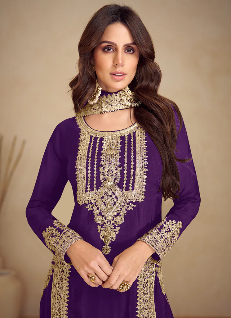 Purple Golden Embroidered Pakistani Pant Style Suit